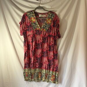 Aventura Pink Floral Mini Dress with Yellow-Green Accent and pockets!